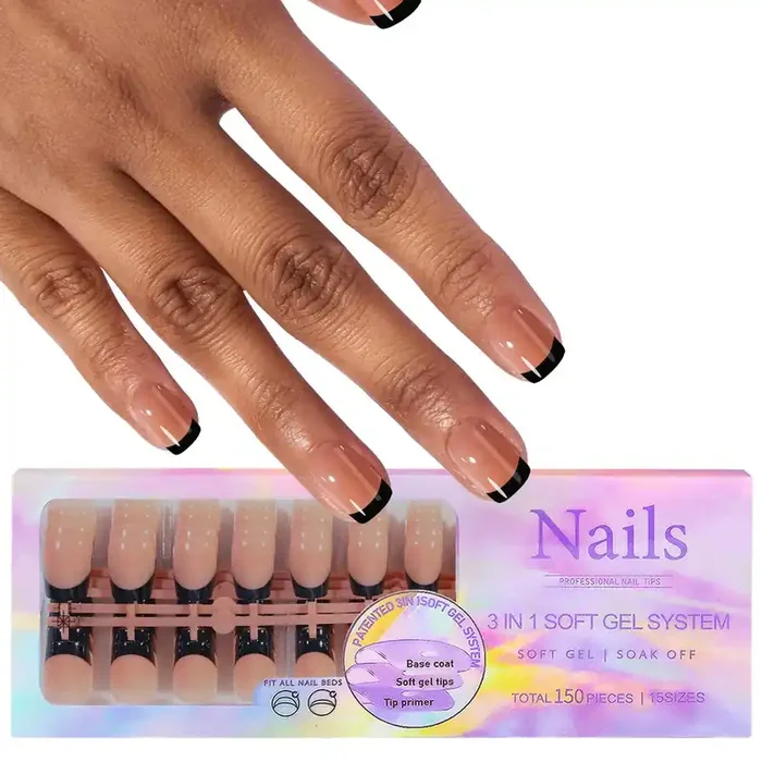 150 Short Square French Press-On Tips schwarz