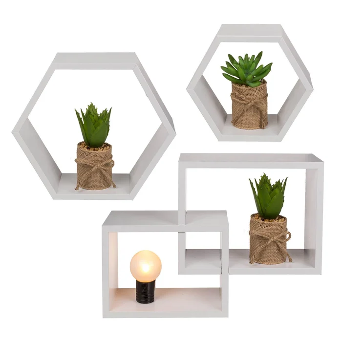 3er Set Holz Deko Wandregal 6-eckig 4-eckig weiß Dekoregal