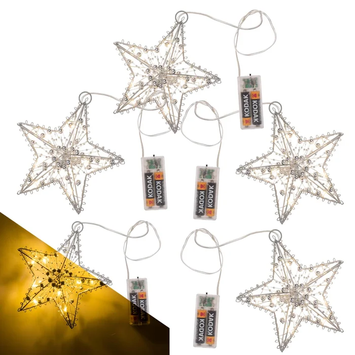 5er Set LED Metall Sterne zum Aufhängen, Batteriebetrieb, mit Timer