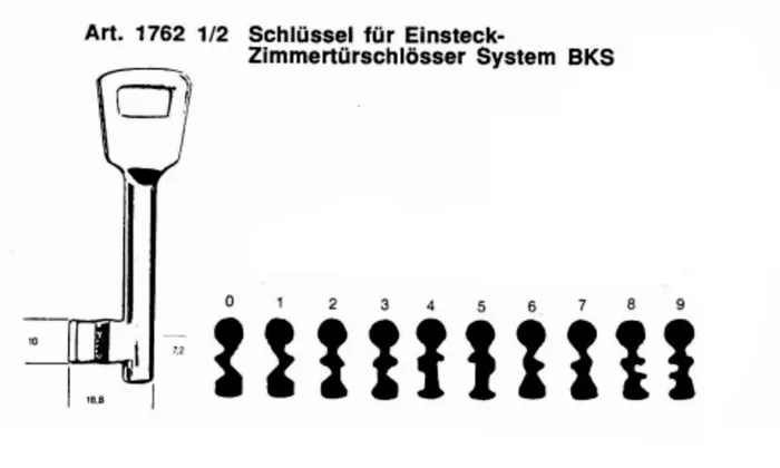Buntbartschlüssel Artikel 1762 1/2 System BKS Nummer 0 – 9 (Börkey 910)