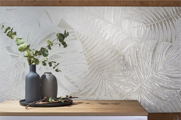 Dekorfliese Farn Pflanzen Wandbild „Showall Myfair White“ 120×120 cm A+B Komposition