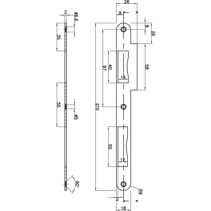 Doppeltürschließblech R9 bombiert mit Sichtschutz, Stahl silberfärbig verzinkt