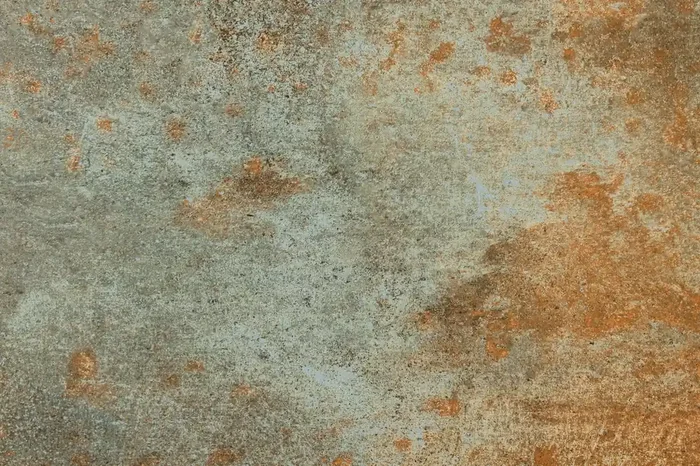 Fliese Metalloptik grün-orange 80×180 cm „Costruire Metallo Verde“ Kupfer mit Grünspan Rostoptik rektifiziert