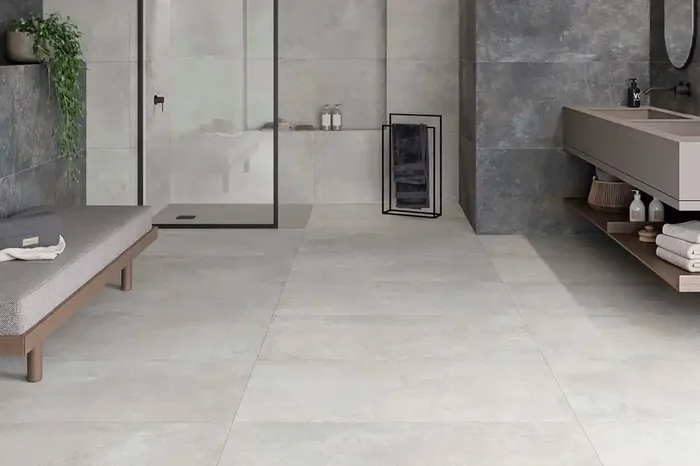 Fliese warme Betonoptik creme elfenbein 60×120 cm „Ferro Pearl“ matt rektifiziert