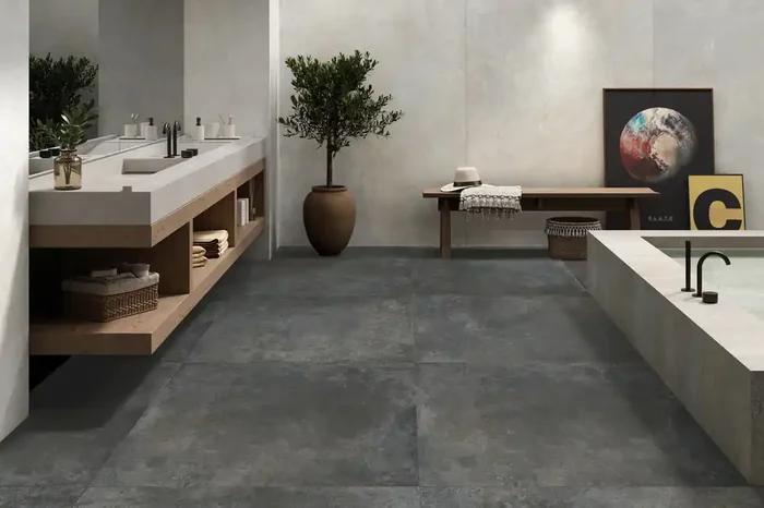 Fliese warme Betonoptik dunkelgrau-braun 100×100 cm „Ferro Tobacco“ matt rektifiziert