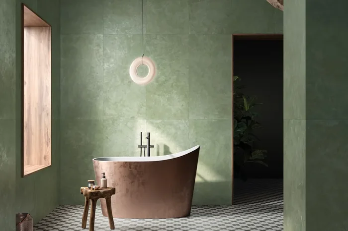 Fliese Zementoptik grün 60×120 cm „Tadelakt Nana Verde“ Kalkputz-Optik marokkanisch rektifiziert