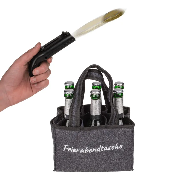 Geschenk-Set Flaschenöffner Kronkorken Schießer mit Flaschentasche – Motiv: Feierabendtasche