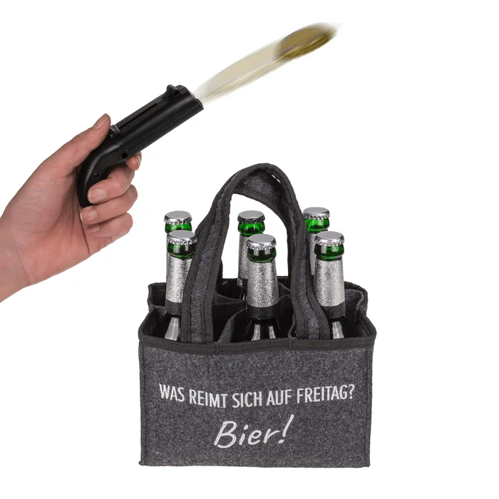 Geschenk-Set Flaschenöffner Kronkorken Schießer mit Flaschentasche – Motiv: Was reimt sich auf Freitag? Bier!