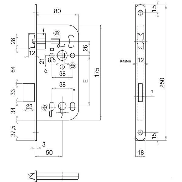 Grundmann WG Einstemmschloss 340 R, WC, DM 50, Stahl verzinkt silberfärbig