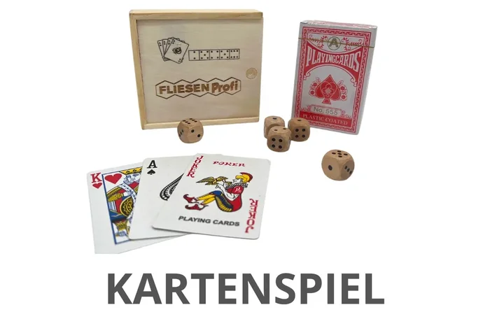 Kartenspiel mit Würfel in Holzbox