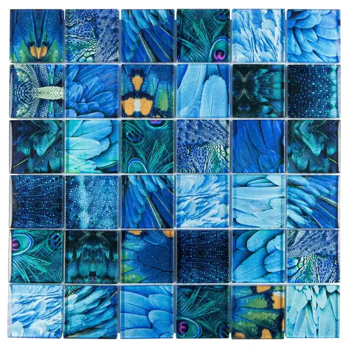 Mosaikfliesen blau „Crystal Wildlife Blue“ 29,8×29,8 cm glänzend netzverklebt