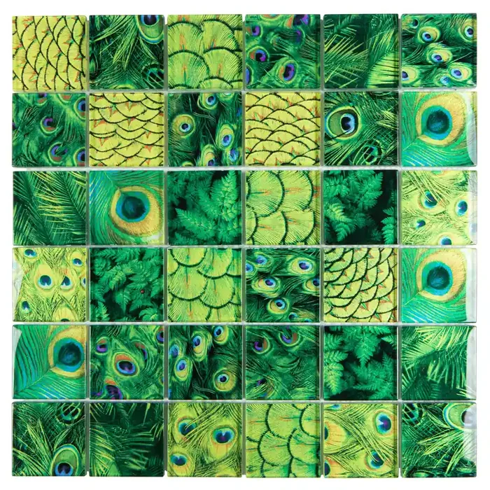 Mosaikfliesen grün „Crystal Wildlife Green“ Pfau glänzend 29,8×29,8 cm netzverklebt
