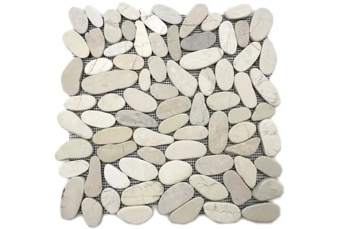 Mosaikfliesen weiß Naturstein Kiesel geschnitten 30,5×30,5 cm netzverklebt