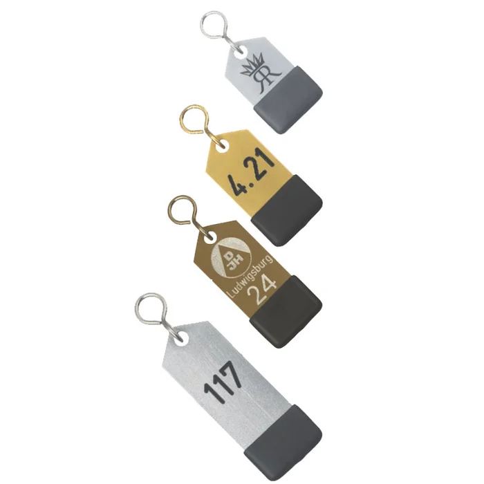 Schlüsselanhänger Textmarken, aus Aluminium eloxiert mit Gummischoner