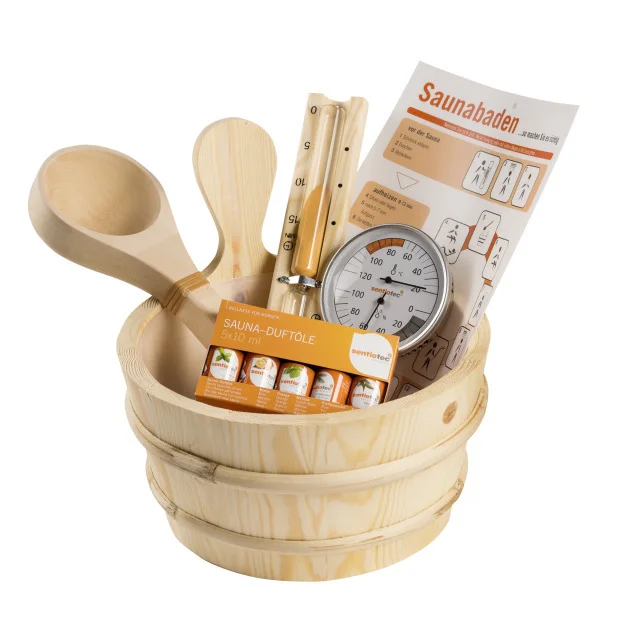 Zubehörset 11-teilig, Kübel Kelle Saunauhr Baderegeltafel Thermo-und Hygrometer